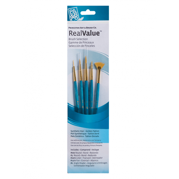 Pinceles Princeton RealValue Mango Corto Calipso Pelo Sintético Taklon Dorado Set 5 