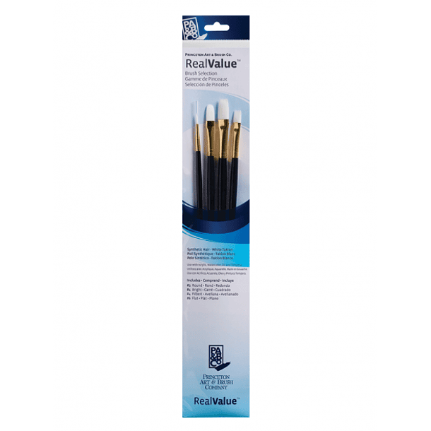 Pinceles Princeton RealValue Mango Largo Azul Pelo Sintético Taklon Blanco Set 4 