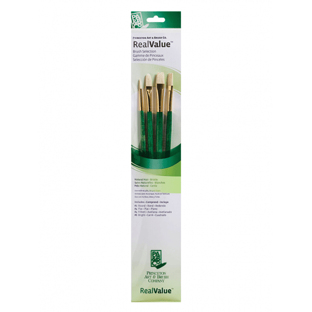 Pinceles Princeton RealValue Mango Largo Verde Pelo Natural Cerda Set 4 