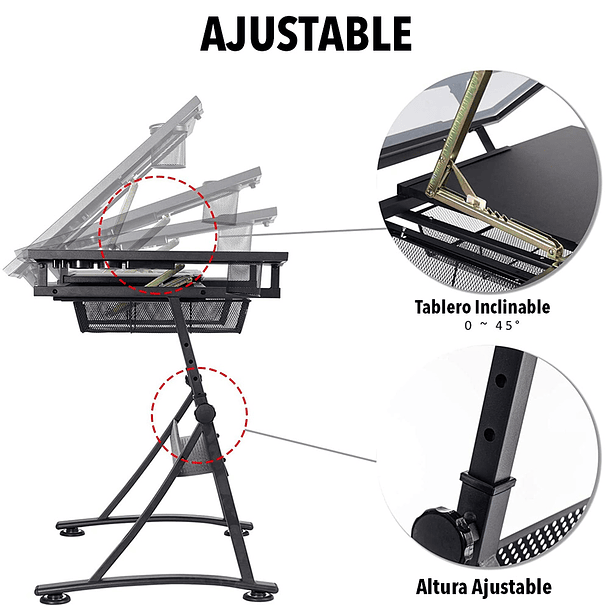 Mesa de Dibujo Profesional Tablero de Vidrio Ajustable con Lampara Brazo Flexible  3