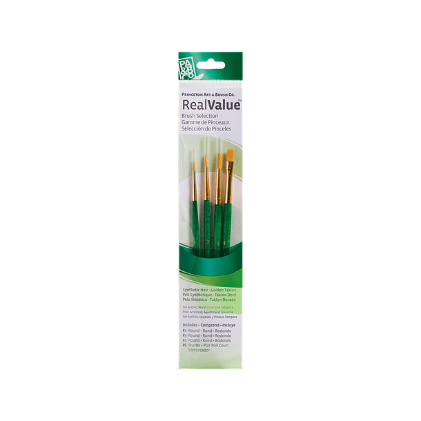 Pinceles Princeton RealValue Mango Corto Verde Pelo Sintético Taklon Dorado Set 4 (1) 