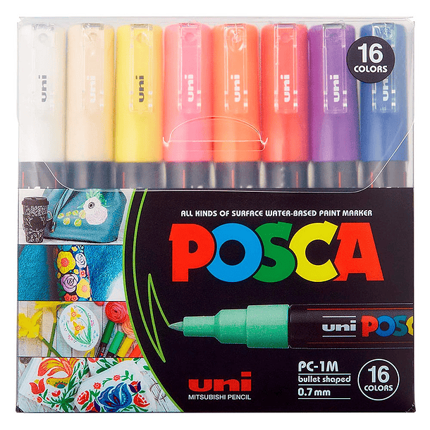 Marcadores Uni Posca PC-1M Set 16 Colores Básicos Punta Fina 