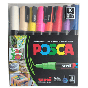 Marcadores Uni Posca PC-3M Set 16 Colores Básicos Punta Fina