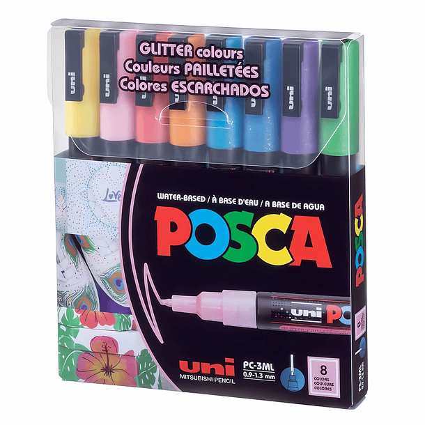 Marcadores Uni Posca PC-3ML Set 8 Colores Glitter Punta Fina 1