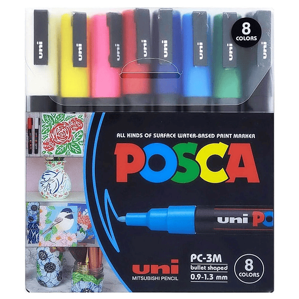 Marcadores Uni Posca PC-3M Set 8 Colores Básicos Punta Fina 