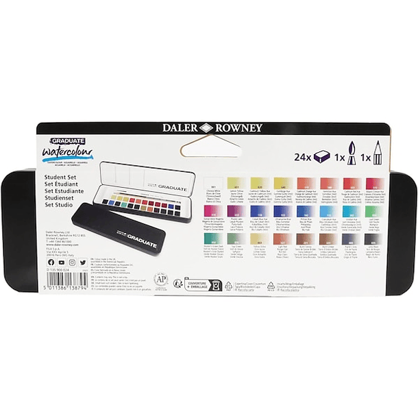 Acuarela Daler Rowney Graduate Set 24 colores + Pincel 3