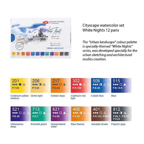Acuarelas White Nights Artist Set 12 Pan 1/1 colores Urban Landscape 3