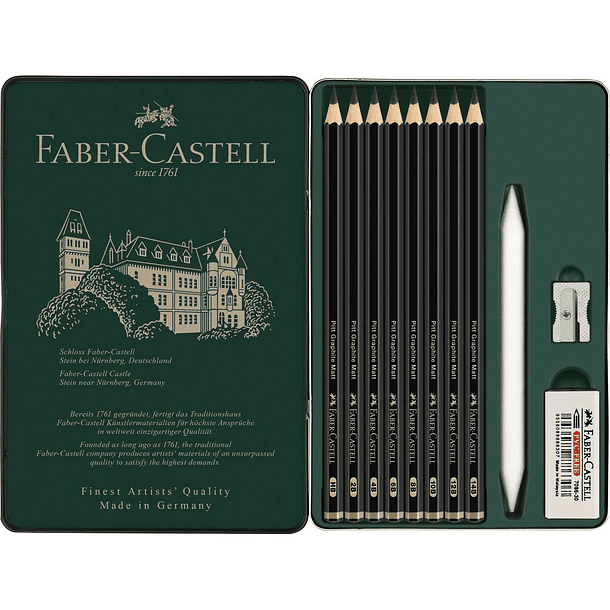 Lápices Grafito Faber-Castell Pitt Graphite Matt Set 11 piezas (8 Grados HB-14B +accesorios) 2