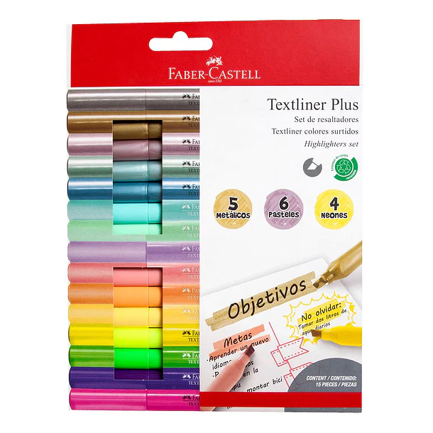 Destacador Faber-Castell Textliner Plus 15 Colores (5 Metal+6 Pastel+4 Neo) 1