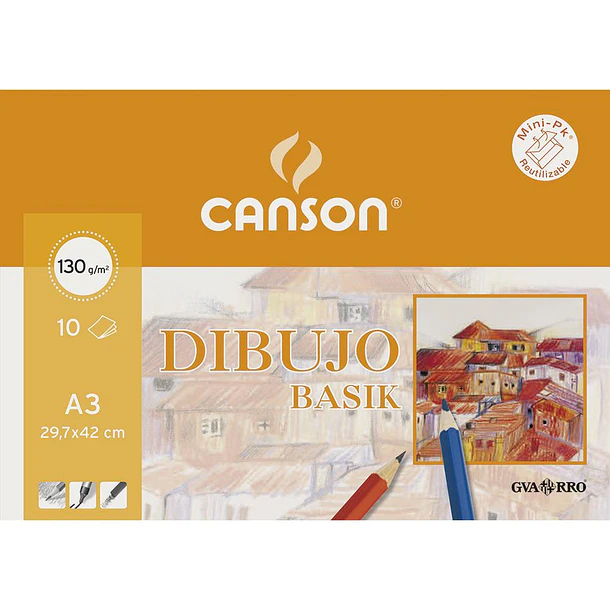 Papel Dibujo Canson Basik 130g/m² sobre 10hjs Blanco Natural A3 