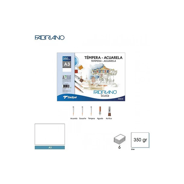 Papel para Acuarela Fabriano Scuola A3 350gms. Sobre 6Hjs. 