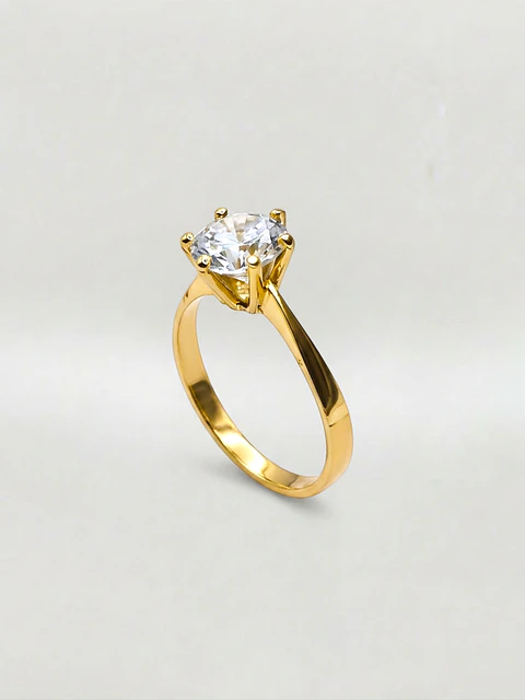 Anillo Solitario Corona de 6 Puntos Circón Oro 18k