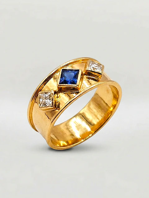 Anillo Rombos Zafiro Real y Circones Oro 18k
