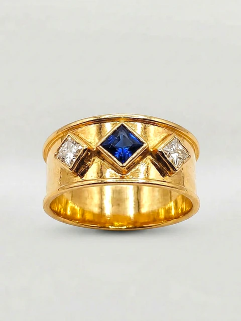 Anillo Rombos Zafiro Real y Circones Oro 18k