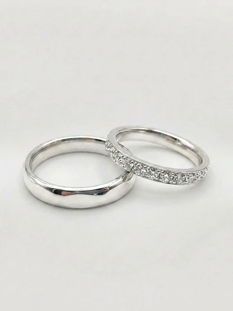 Argollas Estilo Inglés y Cintillo Nupcial Oro Blanco 18k