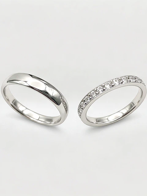 Argollas Estilo Inglés y Cintillo Nupcial Oro Blanco 18k