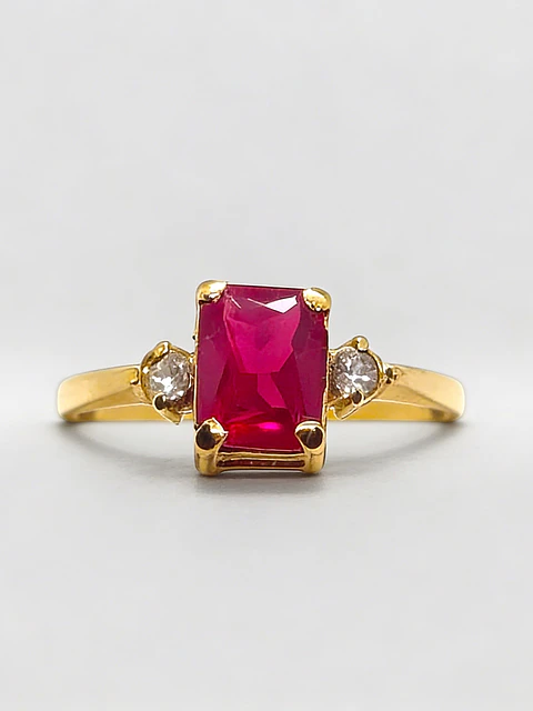 Anillo Rectángulo de Rubí y Circones Oro 18k