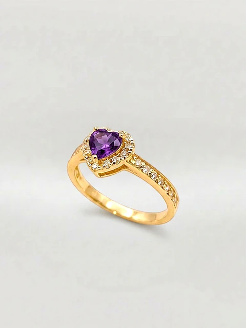 Anillo Doble Corazón Cintillo Amatista Oro 18k