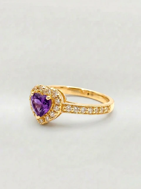 Anillo Doble Corazón Cintillo Amatista Oro 18k