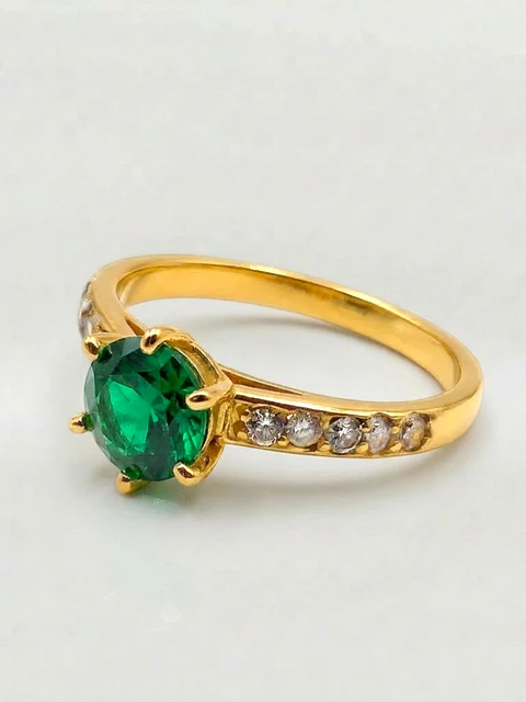 Anillo Solitario Cintillo Gala de Esmeralda y Circones Oro 18k