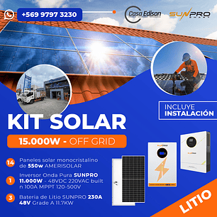 KIT DE ENERGIA SOLAR 15.000W SISTEMA FUERA DE RED (MPPT) INCLUYE INSTALACION (LITIO)