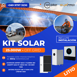 KIT DE ENERGIA SOLAR 25.000W SISTEMA FUERA DE RED (MPPT) INCLUYE INSTALACION (LITIO)