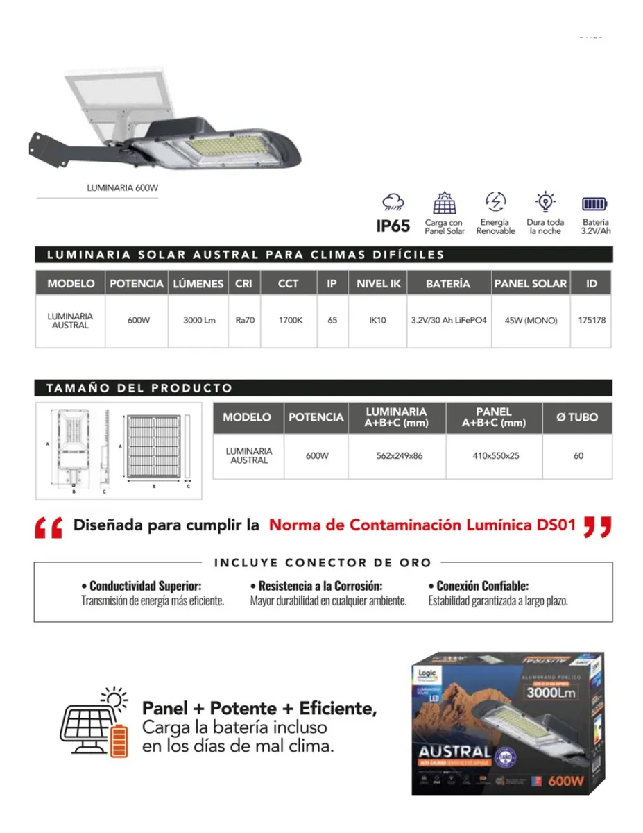 LUMINARIA SOLAR 3000 LM 600W AUSTRAL 2