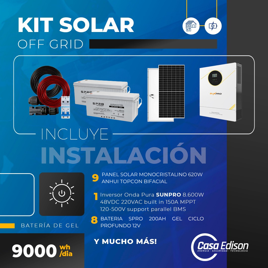 KIT DE ENERGIA SOLAR 9.000W SISTEMA FUERA DE RED (MPPT) INCLUYE INSTALACION (GEL)