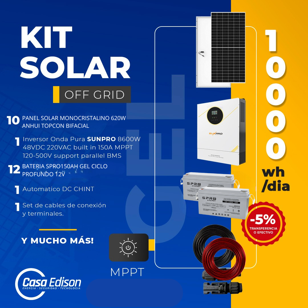 KIT DE ENERGIA SOLAR 10.000W SISTEMA FUERA DE RED (MPPT) GEL