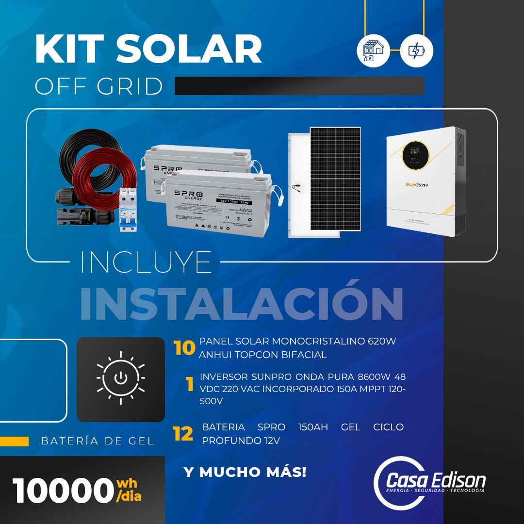 KIT DE ENERGIA SOLAR 10.000W SISTEMA FUERA DE RED (MPPT) INCLUYE INSTALACION (GEL)