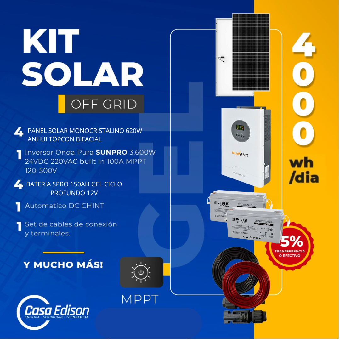 KIT DE ENERGIA SOLAR 4.000W SISTEMA FUERA DE RED (MPPT) GEL