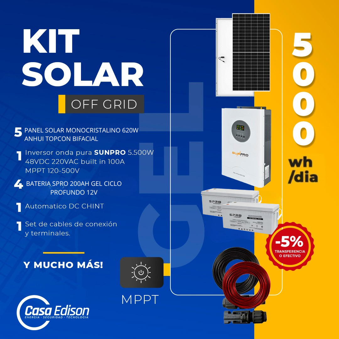 KIT DE ENERGIA SOLAR 5.000W SISTEMA FUERA DE RED (MPPT) GEL