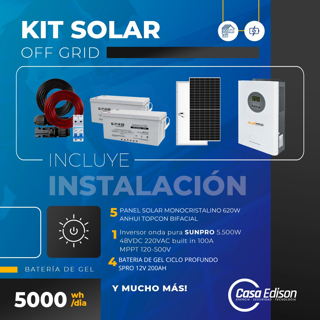 KIT DE ENERGIA SOLAR 5.000W SISTEMA FUERA DE RED (MPPT) INCLUYE INSTALACION (GEL)