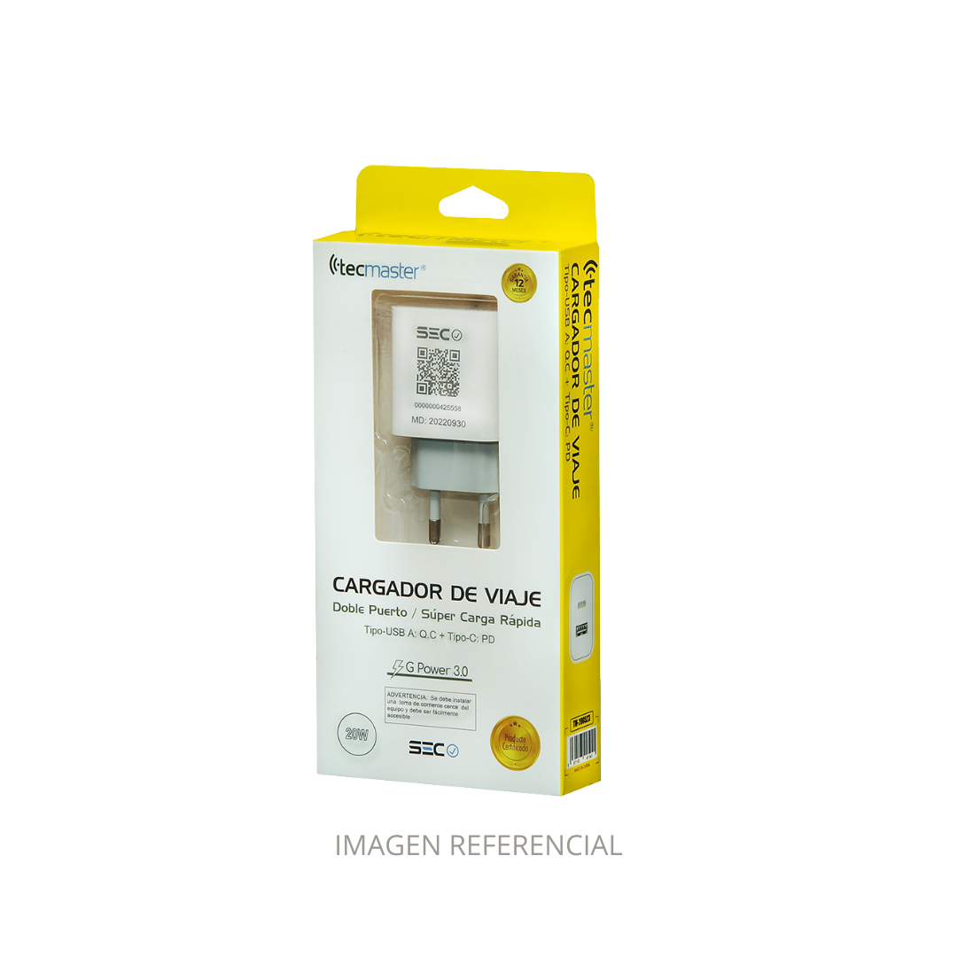 CARGADOR DE VIAJE 1 USB + 1 TPO C /CARGA RAPIDA 20W TM-200523