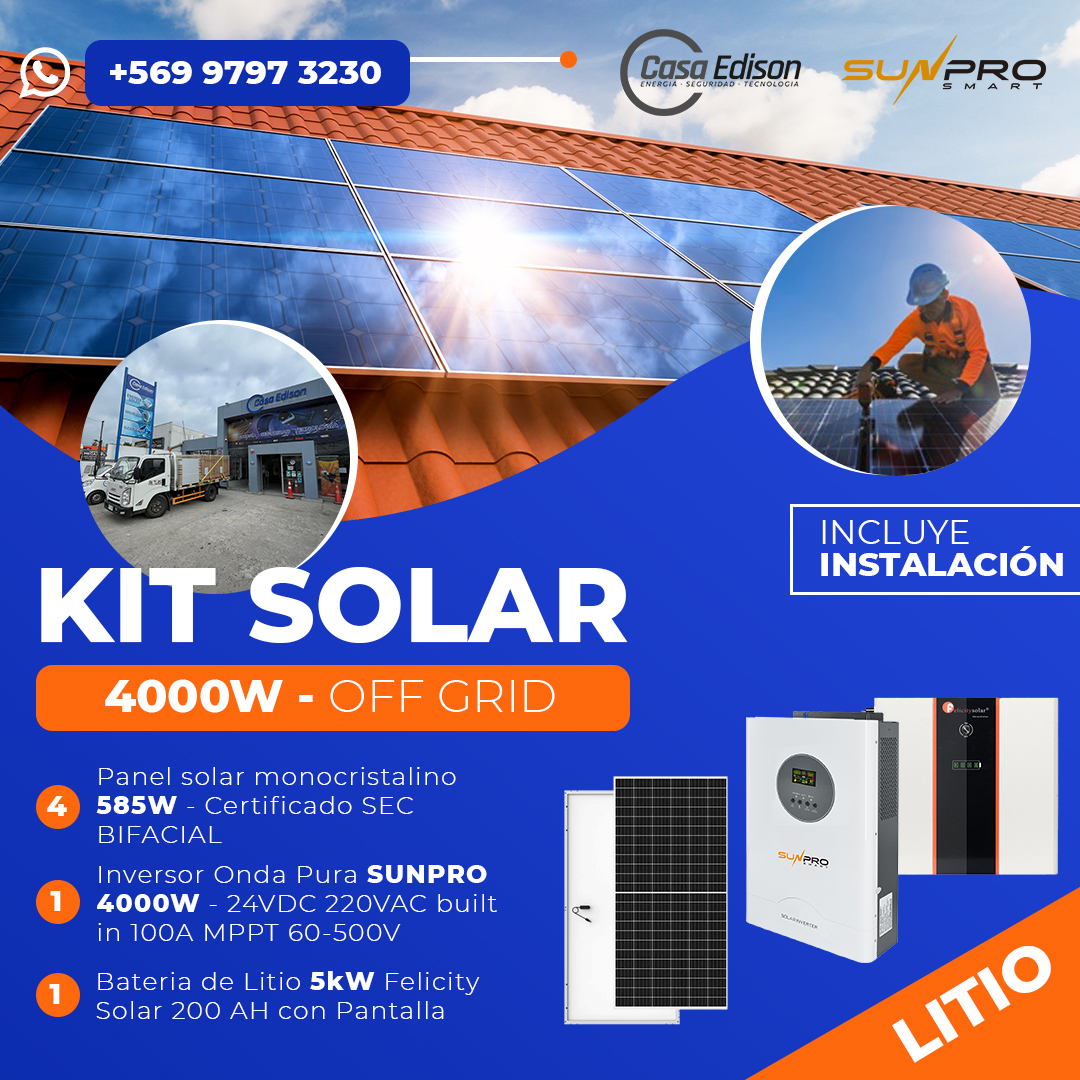KIT DE ENERGIA SOLAR 4.000W SISTEMA FUERA DE RED (MPPT) INCLUYE INSTALACION (LITIO) 1