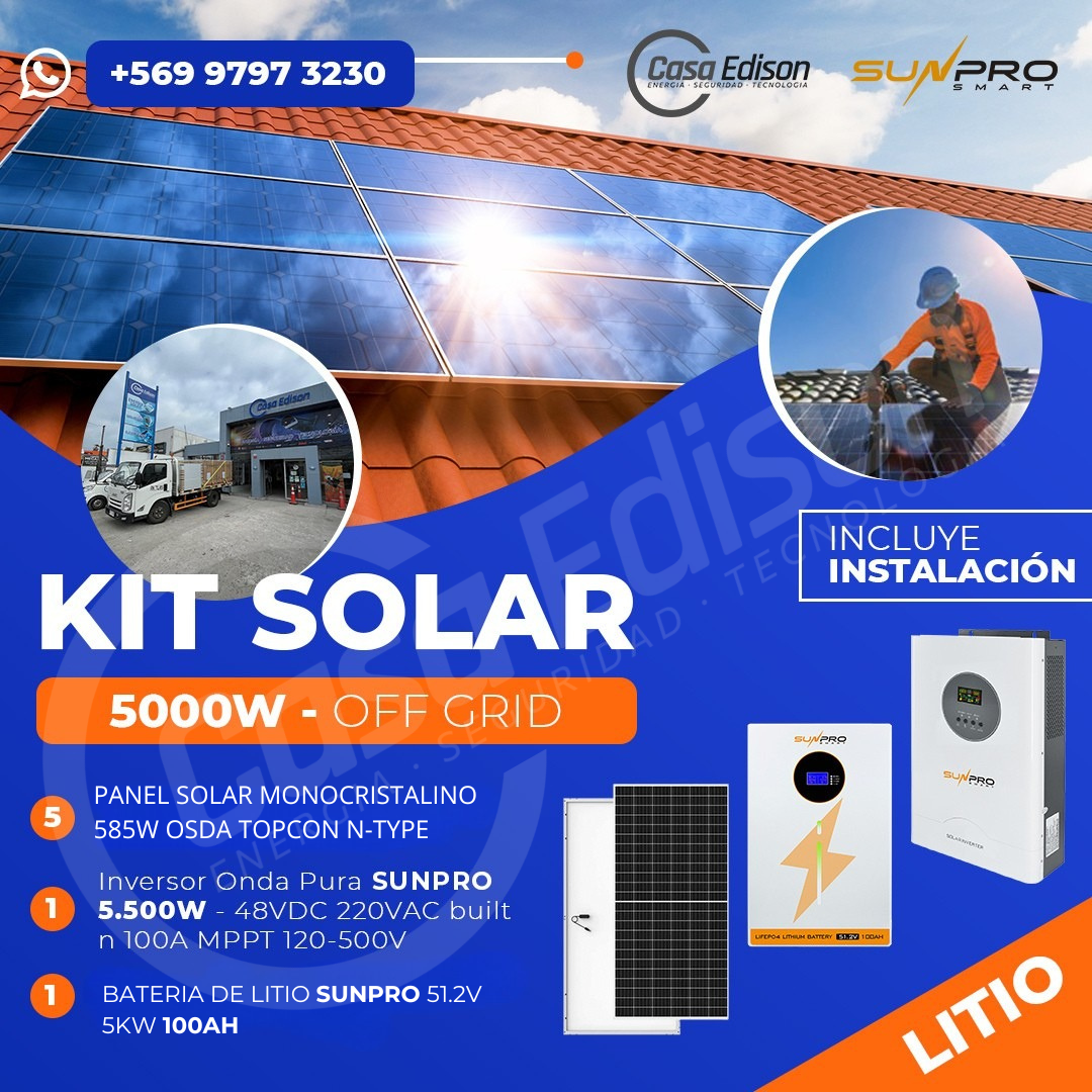 KIT DE ENERGIA SOLAR 5.000W SISTEMA FUERA DE RED (MPPT) INCLUYE INSTALACION (LITIO) 1