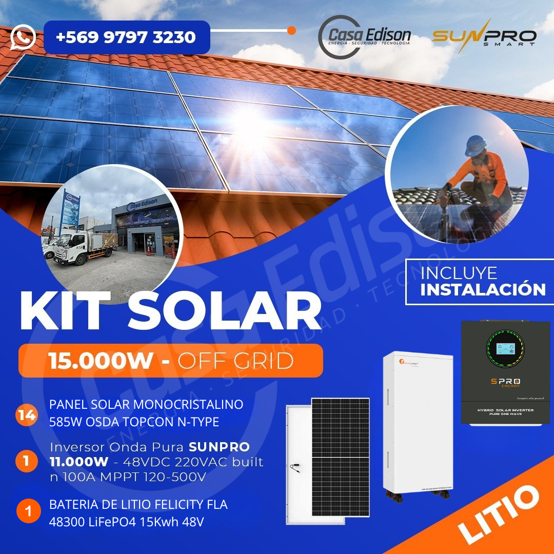 KIT DE ENERGIA SOLAR 15.000W SISTEMA FUERA DE RED (MPPT) INCLUYE INSTALACION (LITIO) 1