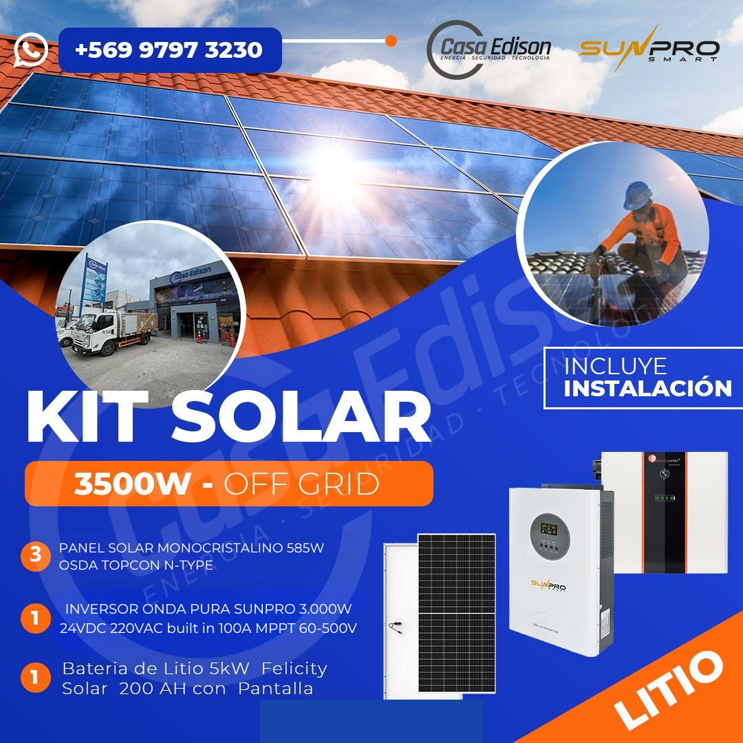 KIT DE ENERGIA SOLAR 3.500W SISTEMA FUERA DE RED (MPPT) INCLUYE INSTALACION (LITIO) 1
