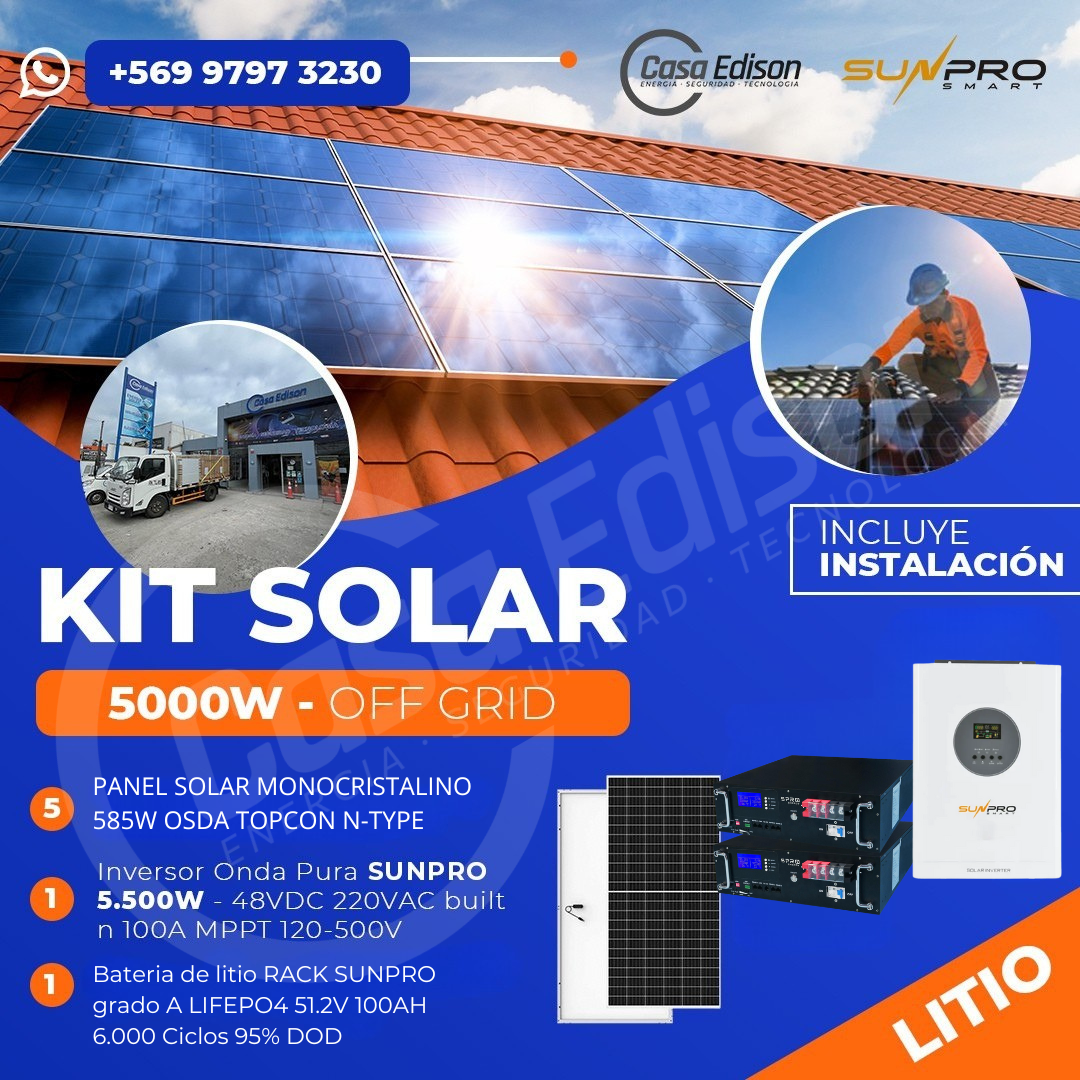 KIT DE ENERGIA SOLAR 5.000W SISTEMA FUERA DE RED (MPPT) INCLUYE INSTALACION (LITIO) 1
