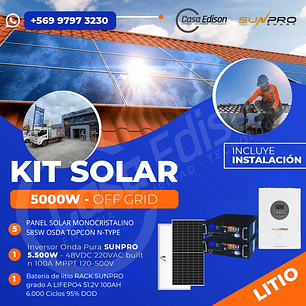 KIT DE ENERGIA SOLAR 5.000W SISTEMA FUERA DE RED (MPPT) INCLUYE INSTALACION (LITIO)