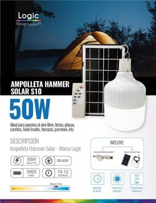 AMPOLLETA SOLAR MULTIUSO 50W C/R PANEL, CABLE USB 350LM 2