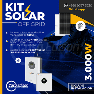 KIT DE ENERGIA SOLAR 3.500W SISTEMA FUERA DE RED (MPPT) INCLUYE INSTALACION (LITIO)