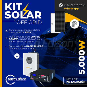 KIT DE ENERGIA SOLAR 5.000W SISTEMA FUERA DE RED (MPPT) INCLUYE INSTALACION (LITIO)
