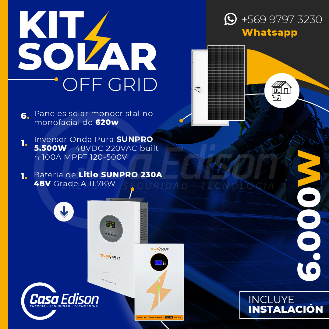 KIT DE ENERGIA SOLAR 6.000W SISTEMA FUERA DE RED (MPPT) INCLUYE INSTALACION (LITIO) 1