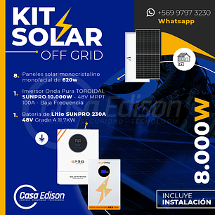 KIT DE ENERGIA SOLAR 8.000W SISTEMA FUERA DE RED (MPPT) INCLUYE INSTALACION (LITIO)
