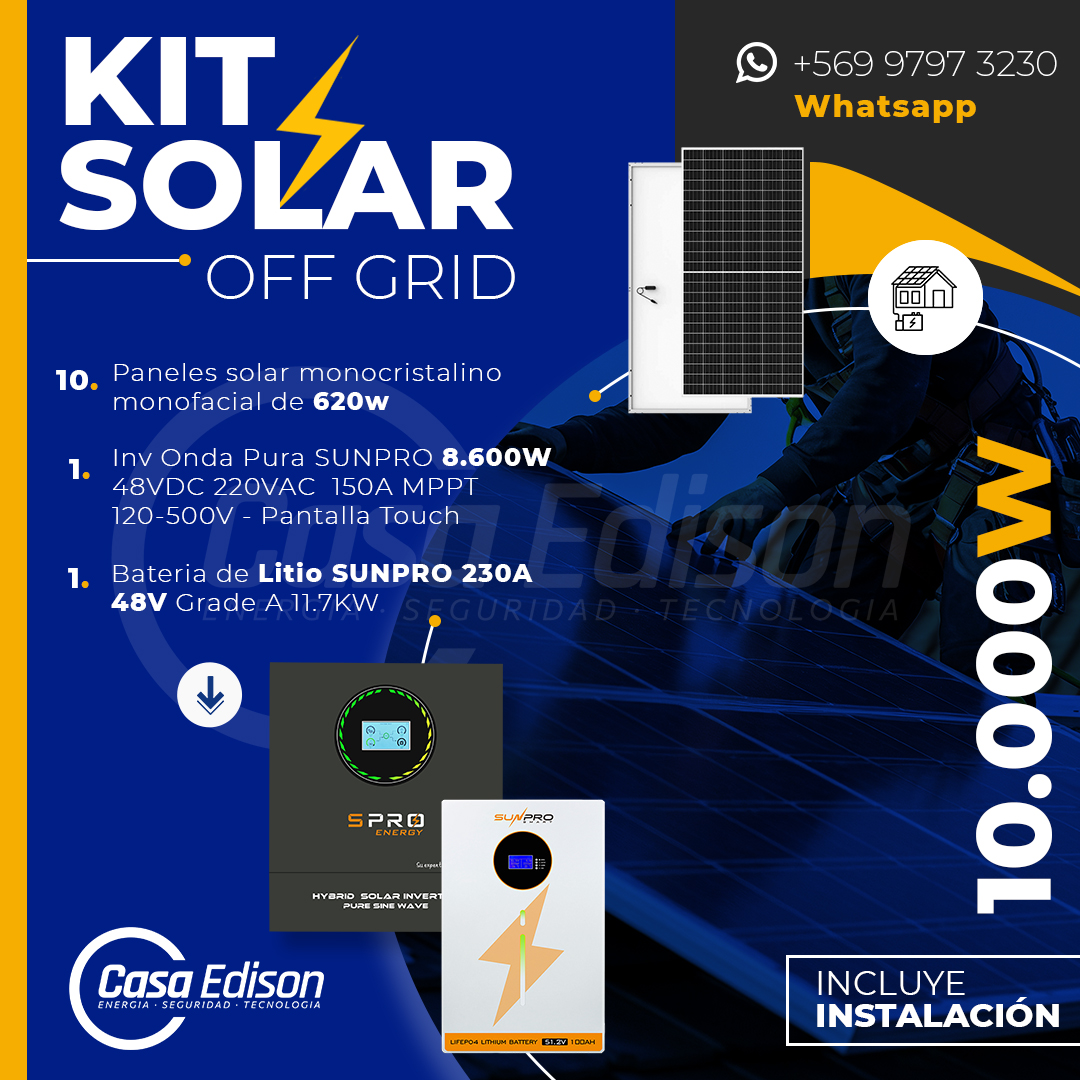KIT DE ENERGIA SOLAR 10.000W SISTEMA FUERA DE RED (MPPT) INCLUYE INSTALACION (LITIO) 1