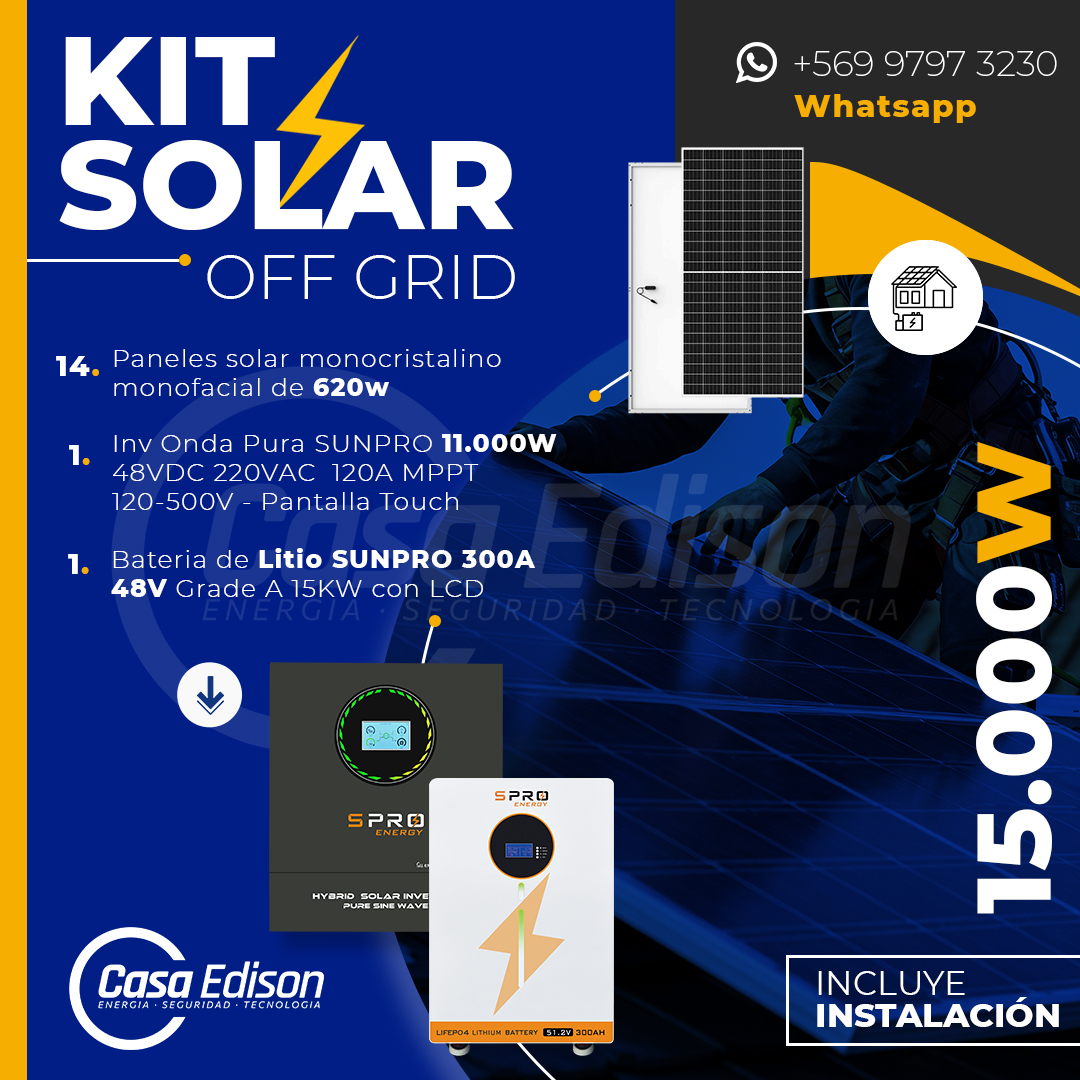 KIT DE ENERGIA SOLAR 15.000W SISTEMA FUERA DE RED (MPPT) INCLUYE INSTALACION (LITIO) 1