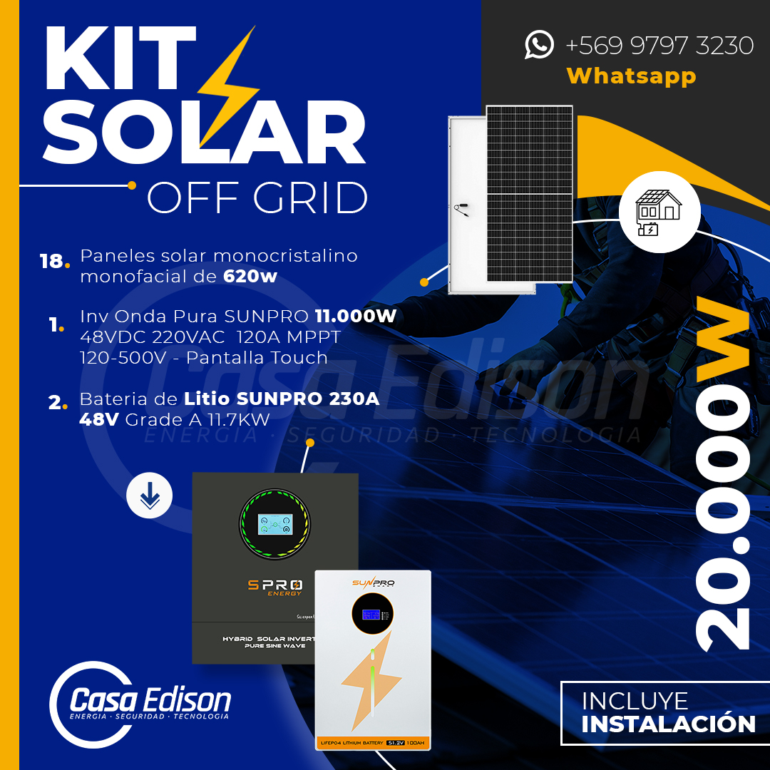 KIT DE ENERGIA SOLAR 20.000W SISTEMA FUERA DE RED (MPPT) INCLUYE INSTALACION (LITIO) 1