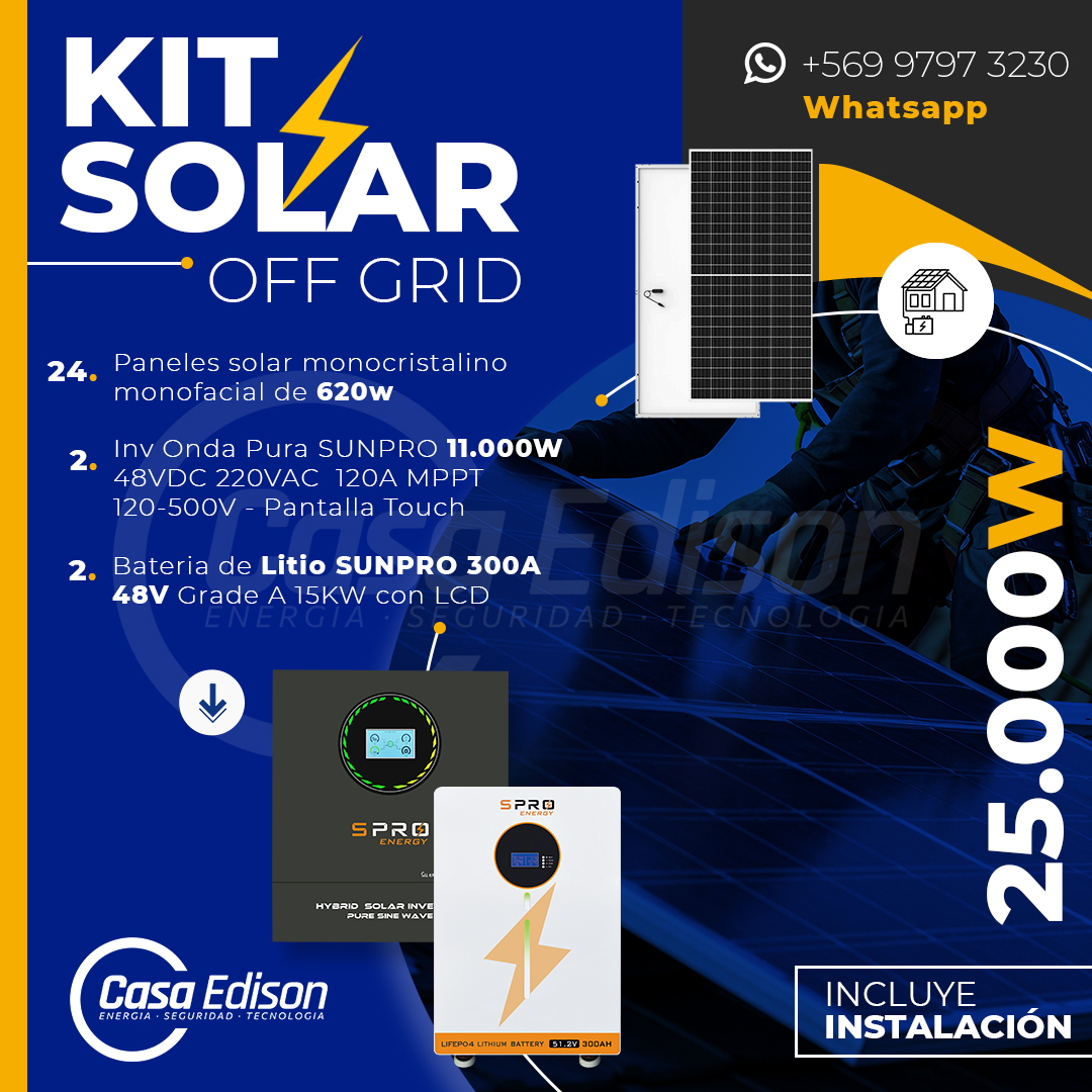 KIT DE ENERGIA SOLAR 25.000W SISTEMA FUERA DE RED (MPPT) INCLUYE INSTALACION (LITIO) 1