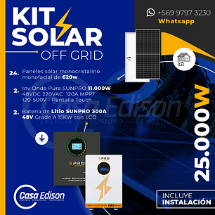 KIT DE ENERGIA SOLAR 25.000W SISTEMA FUERA DE RED (MPPT) INCLUYE INSTALACION (LITIO)